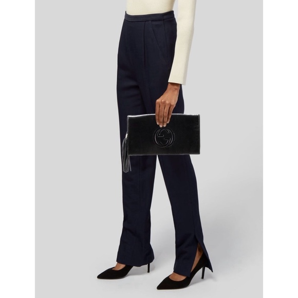 Authentic Gucci Soho Black Patent Leather Tassel Flap Clutch - Picture 14 of 14